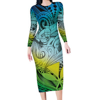Personalised Aloha King Kamehameha Spirits Family Matching Long Sleeve Bodycon Dress and Hawaiian Shirt Art Special LT9 Mom's Dress Art - Polynesian Pride