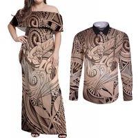 Personalised Aloha King Kamehameha Spirits Couples Matching Off Shoulder Maxi Dress and Long Sleeve Button Shirt Beige Special LT9 Beige - Polynesian Pride