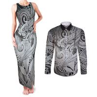 Personalised Aloha King Kamehameha Spirits Couples Matching Tank Maxi Dress and Long Sleeve Button Shirt Grey Special LT9 Grey - Polynesian Pride