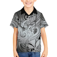 Personalised Aloha King Kamehameha Spirits Family Matching Off Shoulder Long Sleeve Dress and Hawaiian Shirt Grey Special LT9 Son's Shirt Grey - Polynesian Pride