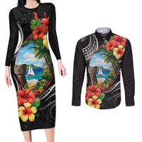Hafa Adai Guam Couples Matching Long Sleeve Bodycon Dress and Long Sleeve Button Shirt Guahan Seal Chamorro Stones Tribal LT9 Black - Polynesian Pride