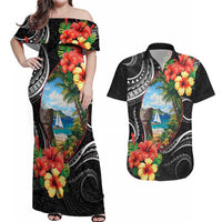 Hafa Adai Guam Couples Matching Off Shoulder Maxi Dress and Hawaiian Shirt Guahan Seal Chamorro Stones Tribal LT9 Black - Polynesian Pride