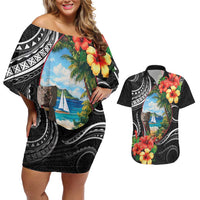 Hafa Adai Guam Couples Matching Off Shoulder Short Dress and Hawaiian Shirt Guahan Seal Chamorro Stones Tribal LT9 Black - Polynesian Pride