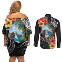 Hafa Adai Guam Couples Matching Off Shoulder Short Dress and Long Sleeve Button Shirt Guahan Seal Chamorro Stones Tribal LT9 - Polynesian Pride