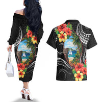 Hafa Adai Guam Couples Matching Off The Shoulder Long Sleeve Dress and Hawaiian Shirt Guahan Seal Chamorro Stones Tribal LT9 - Polynesian Pride