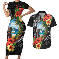 Hafa Adai Guam Couples Matching Short Sleeve Bodycon Dress and Hawaiian Shirt Guahan Seal Chamorro Stones Tribal LT9 Black - Polynesian Pride