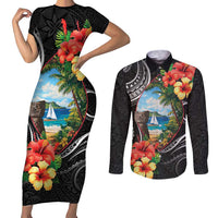 Hafa Adai Guam Couples Matching Short Sleeve Bodycon Dress and Long Sleeve Button Shirt Guahan Seal Chamorro Stones Tribal LT9 Black - Polynesian Pride