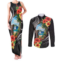Hafa Adai Guam Couples Matching Tank Maxi Dress and Long Sleeve Button Shirt Guahan Seal Chamorro Stones Tribal LT9 Black - Polynesian Pride