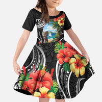 Hafa Adai Guam Family Matching Off The Shoulder Long Sleeve Dress and Hawaiian Shirt Guahan Seal Chamorro Stones Tribal LT9 Daughter's Dress Black - Polynesian Pride