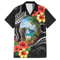 Hafa Adai Guam Family Matching Puletasi and Hawaiian Shirt Guahan Seal Chamorro Stones Tribal LT9 Dad's Shirt - Short Sleeve Black - Polynesian Pride