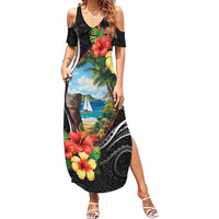 Hafa Adai Guam Family Matching Summer Maxi Dress and Hawaiian Shirt Guahan Seal Chamorro Stones Tribal LT9 Mom's Dress Black - Polynesian Pride
