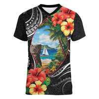 Hafa Adai Guam Women V-Neck T-Shirt Guahan Seal Chamorro Stones Tribal LT9 Female Black - Polynesian Pride