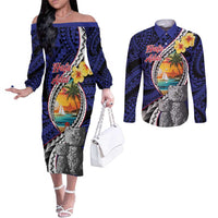 Hafa Adai Guam Seal Latte Stones Artwork Couples Matching Off The Shoulder Long Sleeve Dress and Long Sleeve Button Shirt LT9 Blue - Polynesian Pride