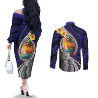 Hafa Adai Guam Seal Latte Stones Artwork Couples Matching Off The Shoulder Long Sleeve Dress and Long Sleeve Button Shirt LT9 - Polynesian Pride