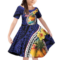 Hafa Adai Guam Seal Latte Stones Artwork Family Matching Off Shoulder Short Dress and Hawaiian Shirt LT9 Daughter's Dress Blue - Polynesian Pride