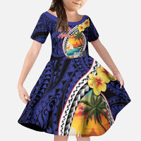 Hafa Adai Guam Seal Latte Stones Artwork Family Matching Tank Maxi Dress and Hawaiian Shirt LT9 Daughter's Dress Blue - Polynesian Pride