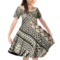 Niho Taniwha Kowhaiwhai Family Matching Off Shoulder Short Dress and Hawaiian Shirt LT9 Daughter's Dress Beige - Polynesian Pride