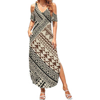 Niho Taniwha Kowhaiwhai Family Matching Summer Maxi Dress and Hawaiian Shirt LT9 Mom's Dress Beige - Polynesian Pride