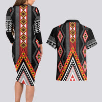 Niho Taniwha Taniko Motif Couples Matching Long Sleeve Bodycon Dress and Hawaiian Shirt LT9 - Polynesian Pride