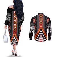 Niho Taniwha Taniko Motif Couples Matching Off The Shoulder Long Sleeve Dress and Long Sleeve Button Shirt LT9 - Polynesian Pride