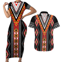 Niho Taniwha Taniko Motif Couples Matching Short Sleeve Bodycon Dress and Hawaiian Shirt LT9 Red - Polynesian Pride