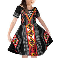 Niho Taniwha Taniko Motif Family Matching Off Shoulder Short Dress and Hawaiian Shirt LT9 Daughter's Dress Red - Polynesian Pride