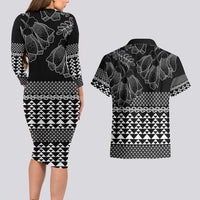 Black Taniko Kowhaiwhai Tukutuku Motif Couples Matching Long Sleeve Bodycon Dress and Hawaiian Shirt LT9 - Polynesian Pride