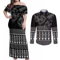 Black Taniko Kowhaiwhai Tukutuku Motif Couples Matching Off Shoulder Maxi Dress and Long Sleeve Button Shirt LT9 Black - Polynesian Pride