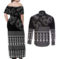 Black Taniko Kowhaiwhai Tukutuku Motif Couples Matching Off Shoulder Maxi Dress and Long Sleeve Button Shirt LT9 - Polynesian Pride