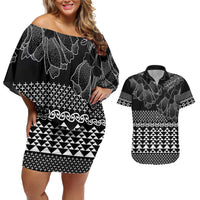 Black Taniko Kowhaiwhai Tukutuku Motif Couples Matching Off Shoulder Short Dress and Hawaiian Shirt LT9 Black - Polynesian Pride