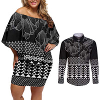 Black Taniko Kowhaiwhai Tukutuku Motif Couples Matching Off Shoulder Short Dress and Long Sleeve Button Shirt LT9 Black - Polynesian Pride