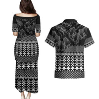 Black Taniko Kowhaiwhai Tukutuku Motif Couples Matching Puletasi and Hawaiian Shirt LT9 - Polynesian Pride