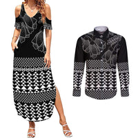 Black Taniko Kowhaiwhai Tukutuku Motif Couples Matching Summer Maxi Dress and Long Sleeve Button Shirt LT9 Black - Polynesian Pride