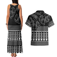 Black Taniko Kowhaiwhai Tukutuku Motif Couples Matching Tank Maxi Dress and Hawaiian Shirt LT9 - Polynesian Pride