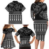 Black Taniko Kowhaiwhai Tukutuku Motif Family Matching Long Sleeve Bodycon Dress and Hawaiian Shirt LT9 - Polynesian Pride