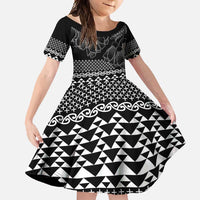 Black Taniko Kowhaiwhai Tukutuku Motif Family Matching Off Shoulder Maxi Dress and Hawaiian Shirt LT9 Daughter's Dress Black - Polynesian Pride