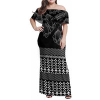 Black Taniko Kowhaiwhai Tukutuku Motif Family Matching Off Shoulder Maxi Dress and Hawaiian Shirt LT9 Mom's Dress Black - Polynesian Pride