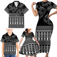 Black Taniko Kowhaiwhai Tukutuku Motif Family Matching Short Sleeve Bodycon Dress and Hawaiian Shirt LT9 - Polynesian Pride