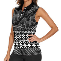 Black Taniko Kowhaiwhai Tukutuku Motif Women Sleeveless Polo Shirt LT9 - Polynesian Pride