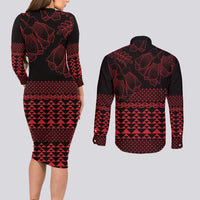 Red Taniko Kowhaiwhai Tukutuku Motif Couples Matching Long Sleeve Bodycon Dress and Long Sleeve Button Shirt LT9 - Polynesian Pride