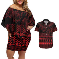 Red Taniko Kowhaiwhai Tukutuku Motif Couples Matching Off Shoulder Short Dress and Hawaiian Shirt LT9 Red - Polynesian Pride