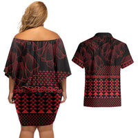 Red Taniko Kowhaiwhai Tukutuku Motif Couples Matching Off Shoulder Short Dress and Hawaiian Shirt LT9 - Polynesian Pride