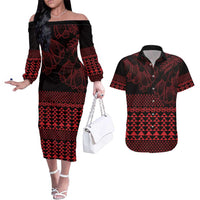 Red Taniko Kowhaiwhai Tukutuku Motif Couples Matching Off The Shoulder Long Sleeve Dress and Hawaiian Shirt LT9 Red - Polynesian Pride