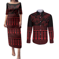 Red Taniko Kowhaiwhai Tukutuku Motif Couples Matching Puletasi and Long Sleeve Button Shirt