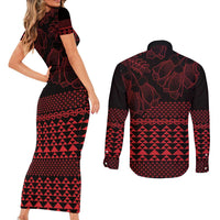 Red Taniko Kowhaiwhai Tukutuku Motif Couples Matching Short Sleeve Bodycon Dress and Long Sleeve Button Shirt LT9 - Polynesian Pride