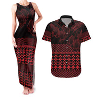 Red Taniko Kowhaiwhai Tukutuku Motif Couples Matching Tank Maxi Dress and Hawaiian Shirt LT9 Red - Polynesian Pride