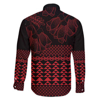 Red Taniko Kowhaiwhai Tukutuku Motif Family Matching Off The Shoulder Long Sleeve Dress and Hawaiian Shirt LT9 - Polynesian Pride
