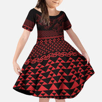 Red Taniko Kowhaiwhai Tukutuku Motif Family Matching Off Shoulder Maxi Dress and Hawaiian Shirt LT9 Daughter's Dress Red - Polynesian Pride
