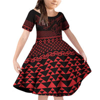 Red Taniko Kowhaiwhai Tukutuku Motif Family Matching Off Shoulder Short Dress and Hawaiian Shirt LT9 Daughter's Dress Red - Polynesian Pride