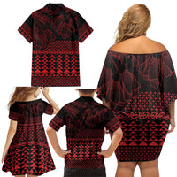 Red Taniko Kowhaiwhai Tukutuku Motif Family Matching Off Shoulder Short Dress and Hawaiian Shirt LT9 - Polynesian Pride